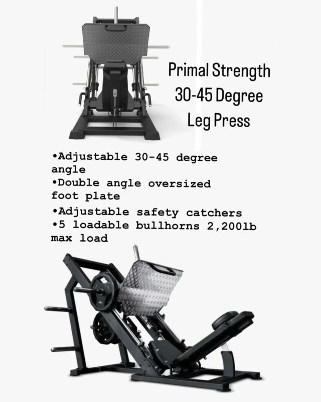 PRIMAL STRENGTH
(IN HOUSE!)
30 - 45 Degree Leg Press

	•	
	•	Adjustable 30-45 degree angle
	•	
	•	Double angle oversized foot plate
	•	
	•	Adjustable safety catchers
	•	
	•	5 loadable bullhorns 2,200 lb max load
…
DM FOR PURCHASING INFORMATION
…

…
#bodybuilding #bodybuildingmotivation #legpress #plateload #new #nowavailable #strength #strengthitsinusall #primalstrength #strengthandperformance #strengthtraining
